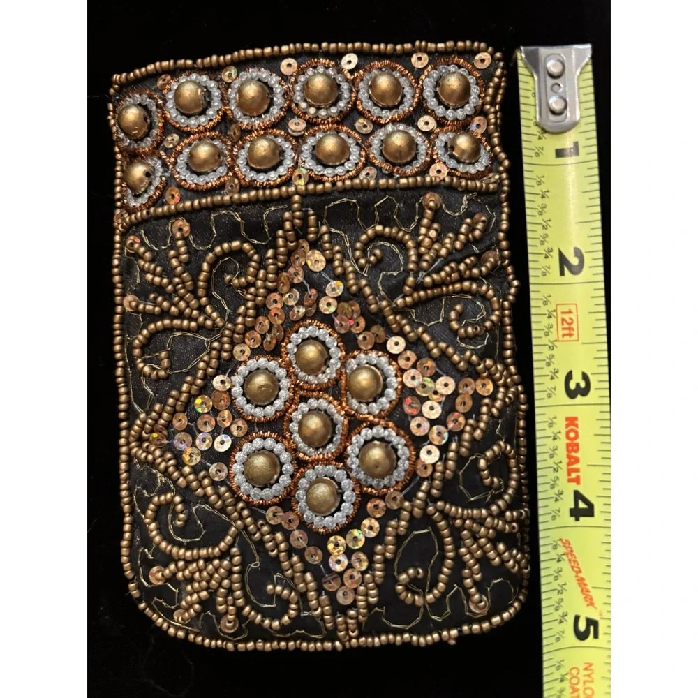 Black Gold Beaded Sequin Coin Wallet Clutch Folding Snap Closure Embroidered[A3]
